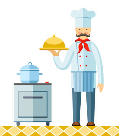 Chef, color image. Chef holding a cooked dish. Vector picture. Color flat illustration on white background.のイラスト素材