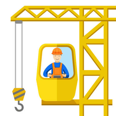 Crane operator, construction crane operator, a profession. The driver sits in the cab of a construction crane. Colored, flat illustration, vector picture.のイラスト素材