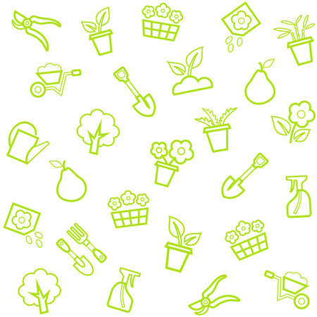Background, horticulture, floriculture, seamless, white. Vector, seamless, white background with green linear icons flowers, seedlings and tools for the garden.のイラスト素材