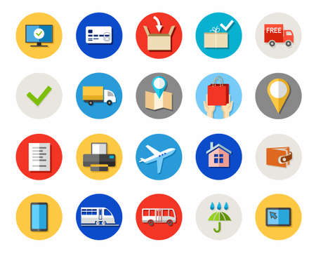 Tickets and online purchases, delivery, payment, colored icons. Buy tickets and merchandise via the Internet, colorful, vector clip art.のイラスト素材