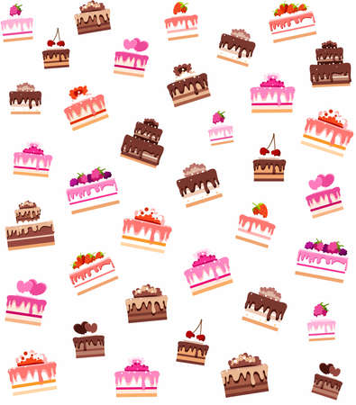Background seamless, cakes and pastries. Vector seamless pattern of colored cakes and pastries on a white background. Color, flat.のイラスト素材