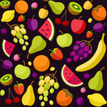 Background, fruit, berries, black, colored. Black, vector background with colored, flat fruit and berries, seamless. For the decoration.のイラスト素材