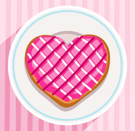 Donut-heart on a plate, coloured picture. Pink donut in the shape of a heart lies on a saucer. Vector picture. Color flat illustration. Postcard for Valentine's day.のイラスト素材