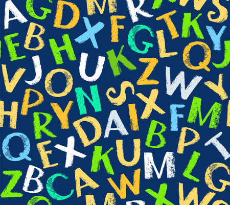 English alphabet seamless pattern, color, blue. Vector, seamless dark blue background with colored English letters. The imitation of the texture of crayons and pencils. Flat style. For the decoration.のイラスト素材