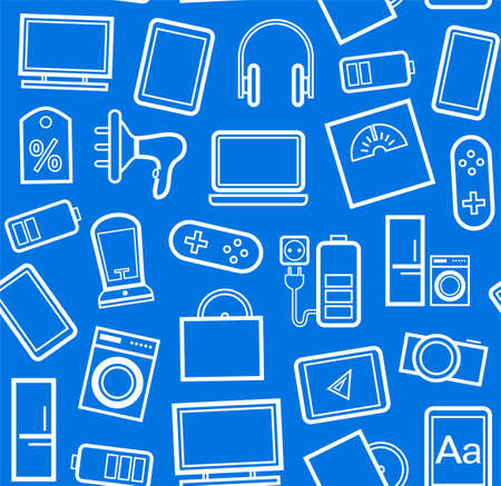 Gadgets and consumer electronics, blue background, seamless, linear pattern.Vector blue background with white contour drawings of gadgets and appliances.のイラスト素材