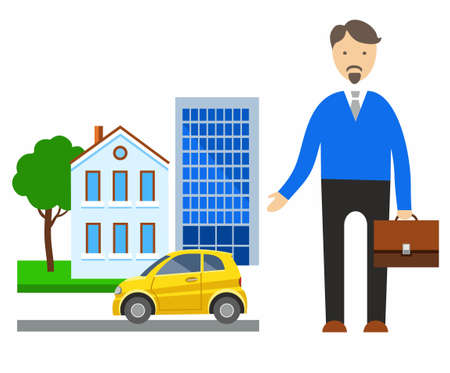 Insurance, real estate, cars, coloured illustrations. Insurance agent with a portfolio that shows up on the home and car. Vector picture. Color flat illustration on white background.のイラスト素材