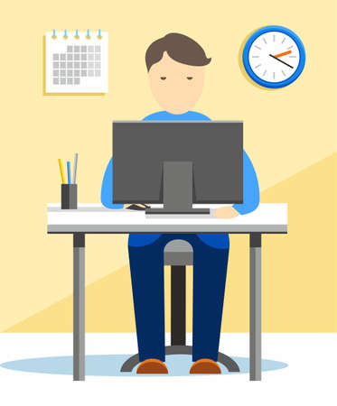 Office worker, vector picture. Office worker sitting at Desk and working on computer. Color flat illustration.のイラスト素材