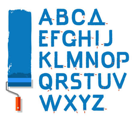 Paint roller and uppercase letters of the English alphabet. Colored, vector English letters written with a paint roller on a white background. Simulated texture. Flat style.のイラスト素材