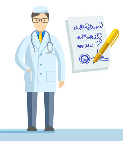 Physician, profession, colour illustrations. Doctor in a lab coat and a suitcase. The form is issued with a prescription. Vector picture. There is a coloured flat image on a white background.のイラスト素材