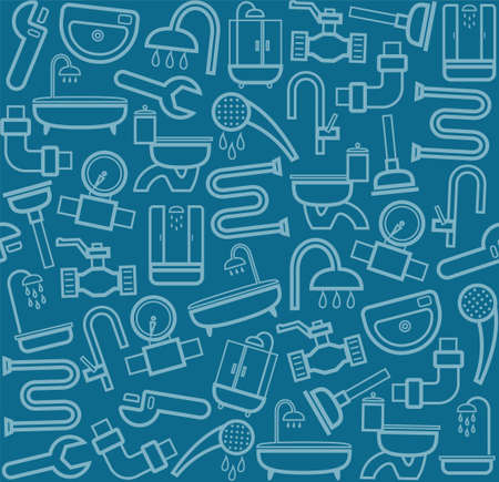 Plumber, background, seamless, sanitary tool, dark blue. Blue line icons of plumbing and plumbing tools on a blue background. Vector flat background.のイラスト素材