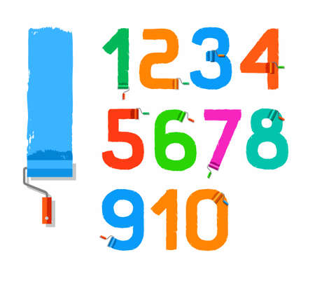 The figures, drawn with the paint roller, colored, flat. Vector numbers on a white background. The trace of the paint roller. Simulated texture.のイラスト素材