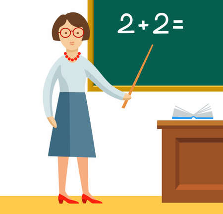 The teacher, colored picture, vector. The teacher shows on the Board a math problem. Color, flat image on a white background.のイラスト素材