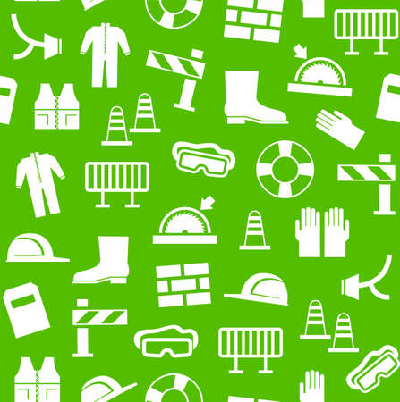 Occupational safety, personal security, background, seamless, green. White flat icons of protective clothing and protective items against a green background. Vector background.のイラスト素材