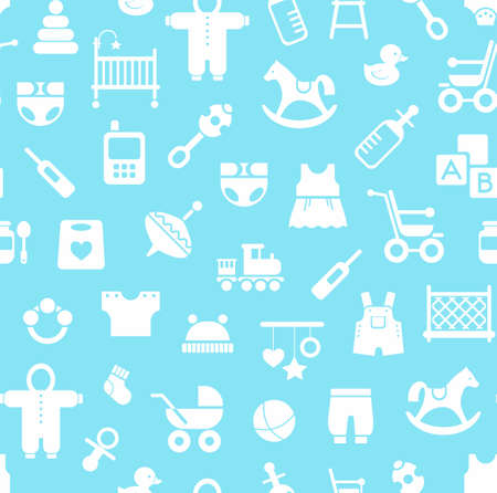 Products for children, background, seamless, blue. Vector colored background with clothes, toys and personal items for newborns and young children. White icons on a light blue background.のイラスト素材