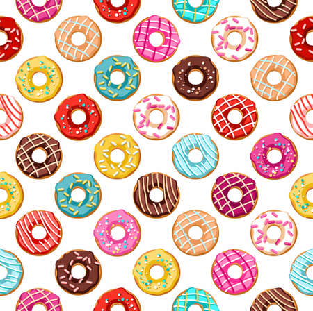 Donuts seamless pattern. Vector seamless pattern with round donuts. There is a coloured flat image on a white background. For the decoration.のイラスト素材