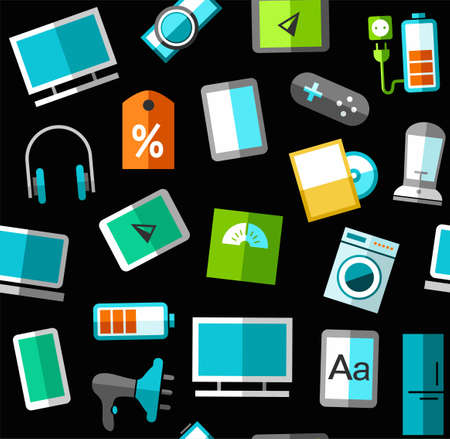Gadgets and consumer electronics, black background, seamless. Vector background with images of gadgets, computers, and household appliances. Colored, flat images on a black background.のイラスト素材