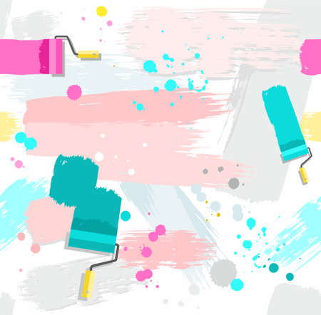 Paint rollers with paint, seamless background. Pink and green spots and stripes on a white background. Traces of paint roller and brushes, blots and drops. Vector seamless background. Color, flat. Imitation texture paint.のイラスト素材
