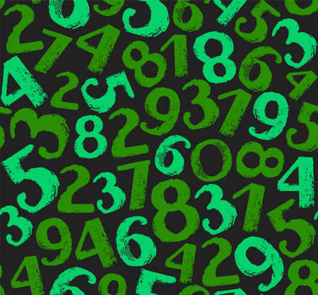 Seamless background with numbers, dark green. On a green background painted green chalk figures. Vector imitation of the texture. Colored, flat background.のイラスト素材