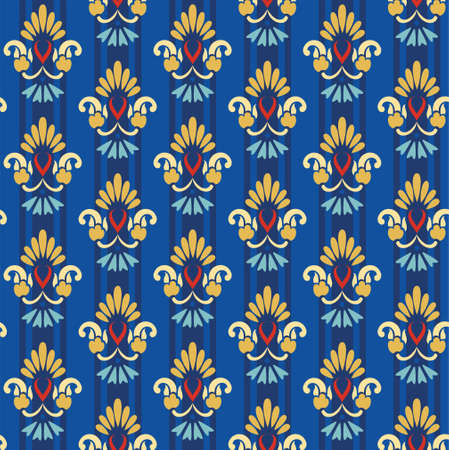 Floral gold pattern on a blue striped background. Decorative seamless pattern with gold flowers on a blue striped background. For printing and textile prints.のイラスト素材