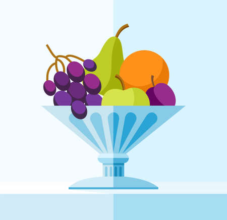 Fruits in the vase, coloured illustrations. In a blue vase fruits are grapes, pear, Apple, orange and plum. Vector illustration, color, flat.のイラスト素材