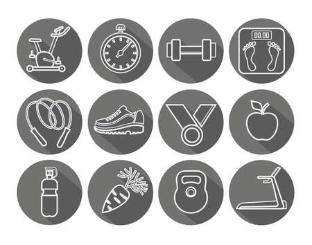Icons fitness, gym, healthy lifestyle, white outline, black background, round. Signs with images of sports equipment and attributes of a healthy lifestyle. White outline on a grey background. For websites, print and infographics.のイラスト素材