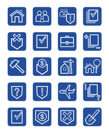 Icons legal services, civil law, white, contour, blue background, monochrome. White contour image of legal services in civil and land law. Flat icons on blue background. For print, websites and infographics.のイラスト素材