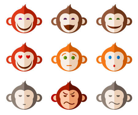 Monkeys, different emotions colored icons. Colored monkeys with different emotions. Flat icons, vector images.のイラスト素材