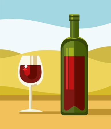 Red wine, green bottle, clear glass, landscape, illustration. On the table is red wine in a green transparent bottle and a glass on a long stalk with wine. Yellow hills and blue skies, Sunny, warm weather. Colored, flat illustration.のイラスト素材