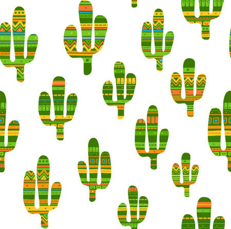 Cacti, decorated with ornaments, seamless, white background. Vector seamless background with drawings of cacti. Color, flat image on a white background. Cacti decorated with geometric patterns.のイラスト素材