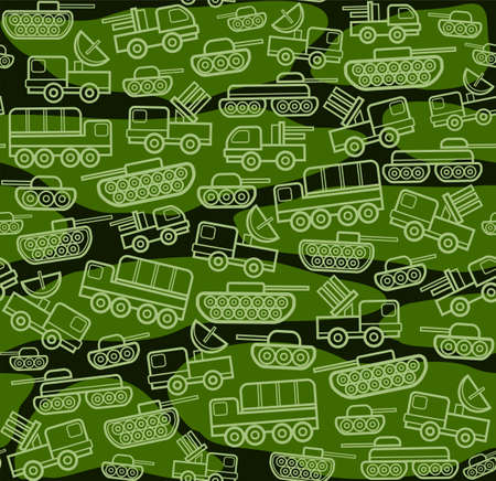Military equipment, dark green seamless pattern. Vector seamless background with military equipment on a green field with spots. Green, linear icons. Color, flat pattern.のイラスト素材