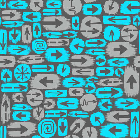 Arrows seamless pattern, blue-gray. Vector gray background with turquoise and grey spots are gray arrows. Color, flat, seamless background for decorating.のイラスト素材