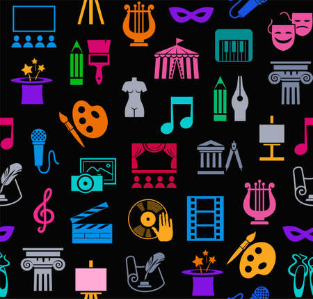 Art & culture, background, seamless, black. Vector background with images of objects of culture, leisure and entertainment. Colorful, flat icons on a black background.のイラスト素材
