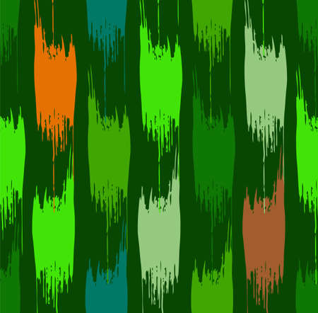 Abstract spots seamless background, green. Vector pattern of a ragged, green and orange-brown spots on a dark green background. Vertical decor.のイラスト素材