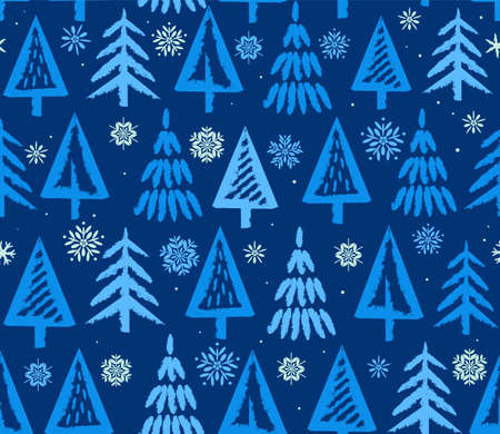 Christmas trees and snowflakes, seamless, blue background. Vector, flat pattern with a blue...