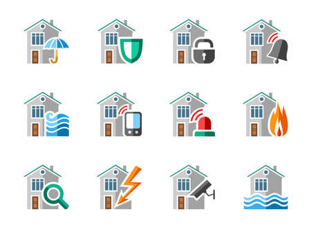 Security of housing and office buildings, icons, colored. Safety of living and working space. Vector colored icons on white background.のイラスト素材