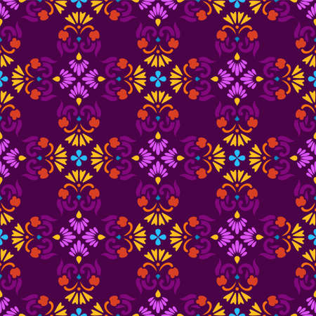 Background, seamless violet pattern with yellow and pink flowers. Vector seamless pattern with yellow and pink flowers on a purple background. For the decoration.のイラスト素材