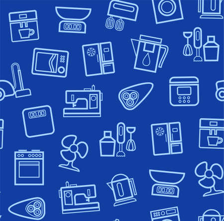 Appliances, background, seamless, blue. Vector light blue contour icons appliances for home and kitchen on a dark blue background.のイラスト素材