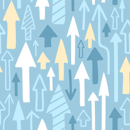 Arrows seamless background, light blue, vector. White, blue and yellow vertical arrows on a light blue field. Colored, flat background. For the decoration.のイラスト素材
