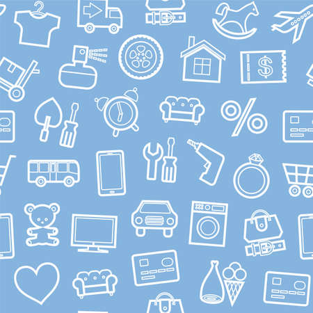 Categories of goods, Internet-shop, seamless background, light blue. Vector white outline icons industrial products on a light blue background. Plain, flat background.のイラスト素材