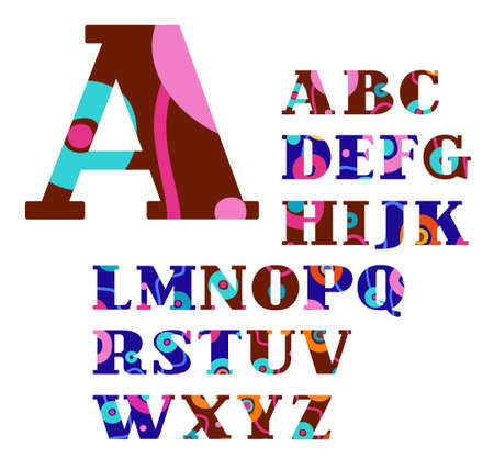 English alphabet, abstract, circles, colorful, vector font. Brown and blue capital letters of the English alphabet with orange, pink and green circles. Letters with serifs. An abstract pattern.のイラスト素材