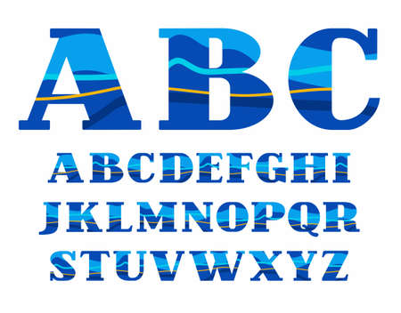 English alphabet, Aqua, vector font, capital letters. Vector colorful letters with serifs. Blue and yellow wave on blue background. Sea waves simulation.のイラスト素材