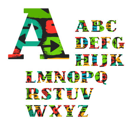 English alphabet, arrow, vector, font, color. Colored, uppercase letters of the English alphabet with the black arrow on coloured spots. Letters with serifs.のイラスト素材