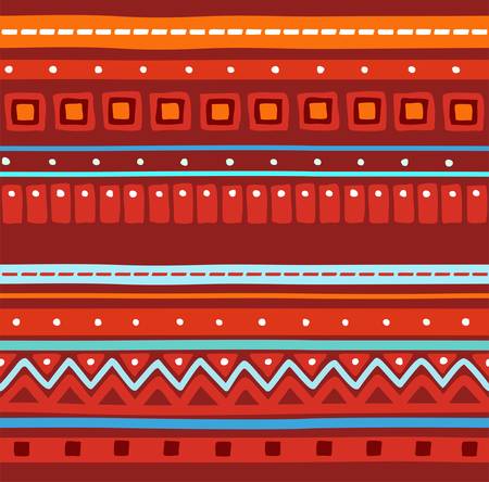 Folk ornament, seamless background, red, vector. The red and blue stripes and zigzags on a red background. Vector decor. Ethnic pattern.のイラスト素材