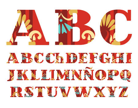 Spanish alphabet, Golden flowers, vector font, capital letters, red. The letters of the Spanish alphabet with serifs. Gold and blue flowers on a red background.のイラスト素材