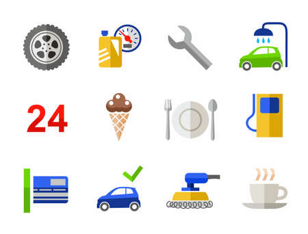 Car wash, car repair, color icons. Color icons car washes and gas stations.のイラスト素材