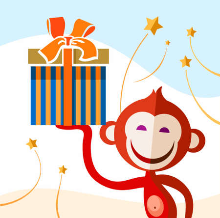 Monkey with a present, color picture. Laughing, the red monkey holds in his hand a box with a Christmas gift. Color flat vector illustration.のイラスト素材