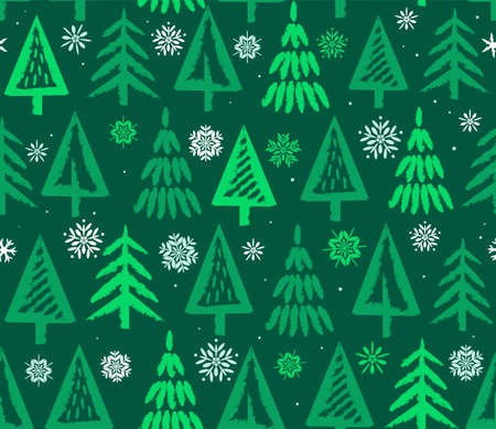 Christmas trees and snowflakes, seamless, green background. Vector, flat pattern with green Christmas trees and snowflakes on a dark green background. For the decoration.のイラスト素材