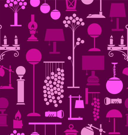 Lamps for home and garden, background, seamless, purple. Vector background with different lamps. Pink flat image on a purple background.のイラスト素材
