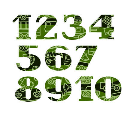 Figures, military vehicles, colored, flat, vector. Vector numerals with serif. Line drawing of military equipment on a green background.のイラスト素材