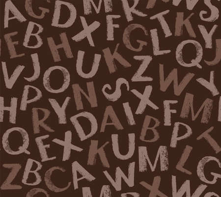 English alphabet seamless pattern, brown. Vector seamless brown background with English letters. The imitation of the texture of crayons and pencils. Flat style. For the decoration.のイラスト素材